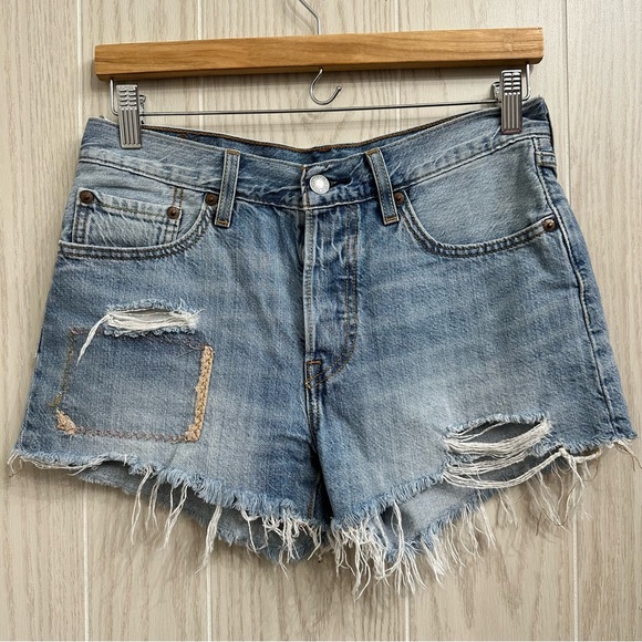 Levi's 501 Patchwork Denim Shorts Size 27 Bohemian Cut Off 90s Mid Rise - Picture 1 of 11